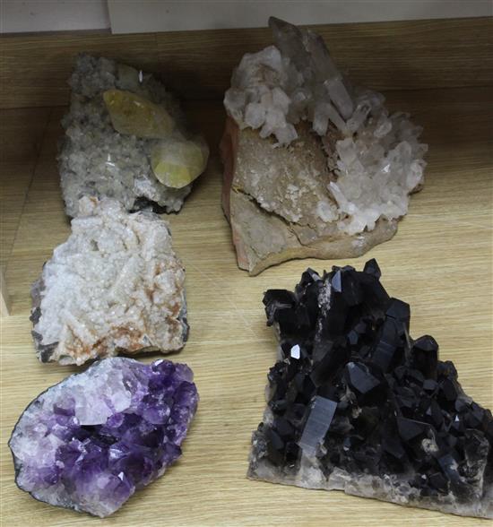 Six assorted geodes including amethyst and rock crystal